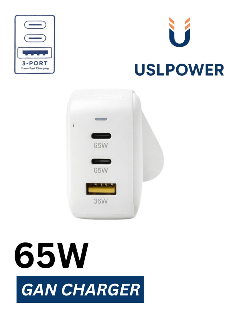 USLPOWER Power Adaptor 65W GaN Fast Charger PD, USB-C x2 + USB-A 3-Port Wall Adapter, Super Fast Charging, UK Plug, Compatible with Smartphones, Tablets & Laptops - Image 4